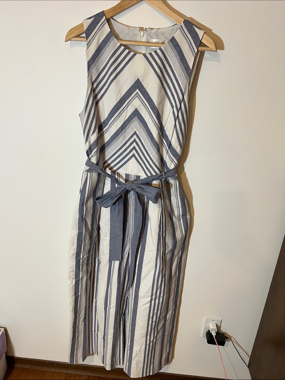 Eliza J Fully Lined Chambray & White Striped Midi Jumpsuit Waist Tie Pockets